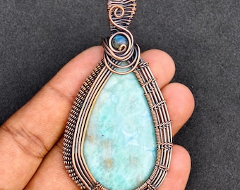 Collar con colgante de aguamarina envuelto en alambre de cobre, joyería de piedras preciosas azules, regalo de piedra natal de marzo, collar bohemio de cristal curativo