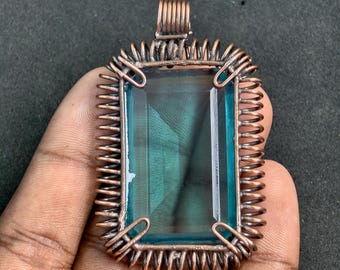 Wire Wrapped Blue Topaz Pendant Necklace, Teardrop Copper Boho Jewelry, Handmade Gemstone Necklace Gift for Her