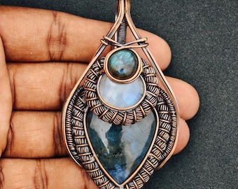 Copper Wire Wrapped Labradorite & Moonstone Pendant Necklace | Handmade Boho Healing Crystal Jewelry | Gift for Mom | 6cm