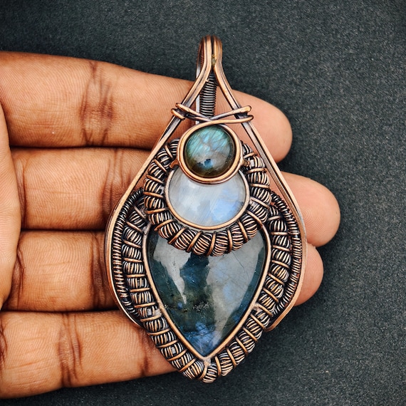 Copper Wire Wrapped Labradorite & Moonstone Pendant Necklace | Handmade Boho Healing Crystal Jewelry | Gift for Mom | 6cm