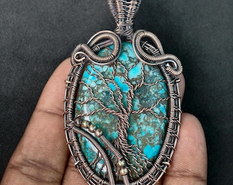 Collier emballé en fil de cuivre avec pendentif arbre de vie turquoise, bijoux en pierres précieuses faits main, cadeau bohème inspiré de la nature pour femme