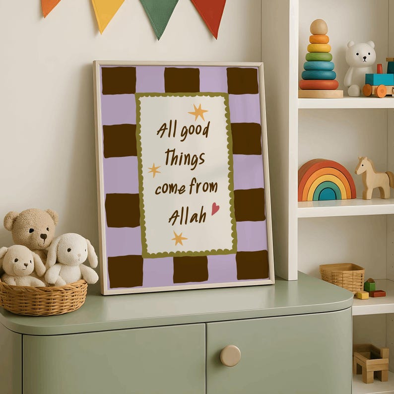 May include: A framed rectangular wall art print featuring a light purple and dark brown checkered border. The center white panel displays the text "All good things come from Allah" in dark brown, accented by three yellow stars and a small red heart.