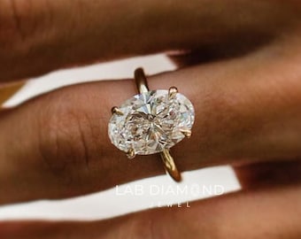 4.0ct Oval Cut Lab Grown Diamond Engagement Ring Hidden Halo Wedding Ring Solitaire Proposal Ring One Stone Anniversary Ring Gift For Her