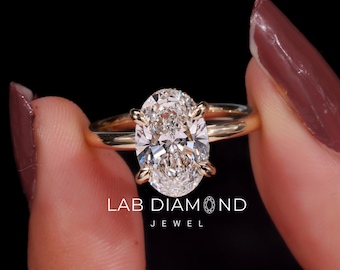 2.0ct ovaler, im Labor gewachsener Diamant Verlobungsring, versteckter Heiligenschein, 14K Gold