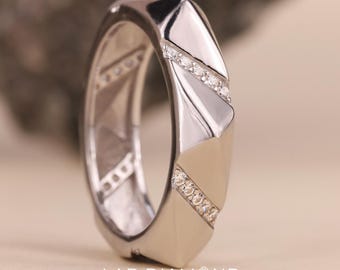 Men’s Lab Grown Diamond Wedding Band, Modern Geometric Diamond Ring, Angular Gold Band for Him, Luxury Gents Wedding Ring, Statement Band