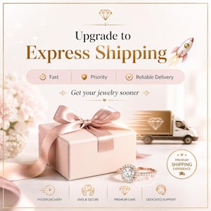 May include: An advert for jewellery shows a pink gift box with a satin bow, a diamond ring, and a delivery truck. Text includes "Upgrade to Express Shipping", "Faster Delivery", "Safe & Secure", and "Premium Care". A rocket graphic is also included.