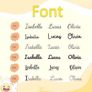 May include: An image displaying different font styles. The word "Font" is written in yellow at the top. Below, the names "Isabella," "Lucas," and "Olivia" are shown in various fonts, labelled F21 to F26, set against a light yellow background.