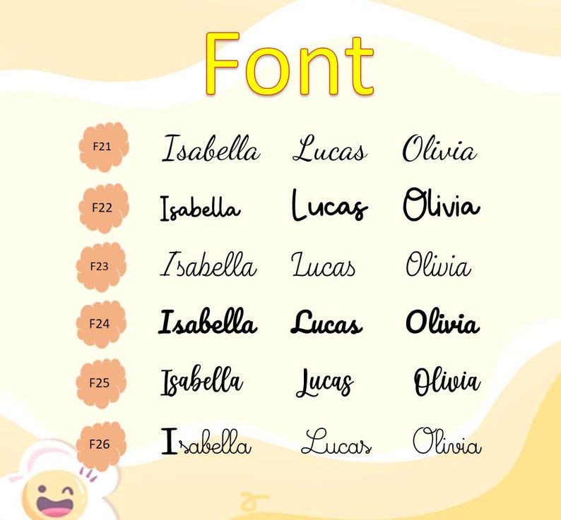 May include: An image displaying different font styles. The word "Font" is written in yellow at the top. Below, the names "Isabella," "Lucas," and "Olivia" are shown in various fonts, labelled F21 to F26, set against a light yellow background.