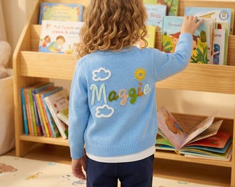 Custom Girl Cardigan, Embroidered Name Knit Sweater, Gift for Little Boy,Personalization Kids Jumper, Maximum size 8T