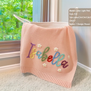 May include: A light pink knitted blanket with the name "Isabella" embroidered in colourful thread. The blanket is decorated with small flower designs and is displayed in a woven basket. The blanket is made of soft material.