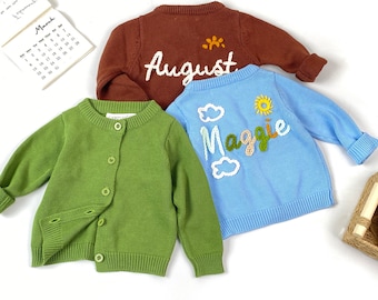 Personalised Name Knitted Kids Cardigan, Custom Child Cardigan with Embroidery, Handmade Toddler Jumper,Birthday Gift