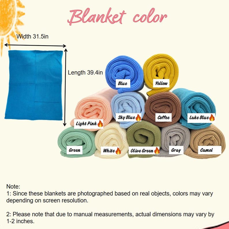 May include: A selection of rolled blankets in shades like blue, yellow, and pink. The image shows a flat, unfolded blue blanket measuring 80 cm wide and 100 cm long. The text "Blanket color" is at the top.