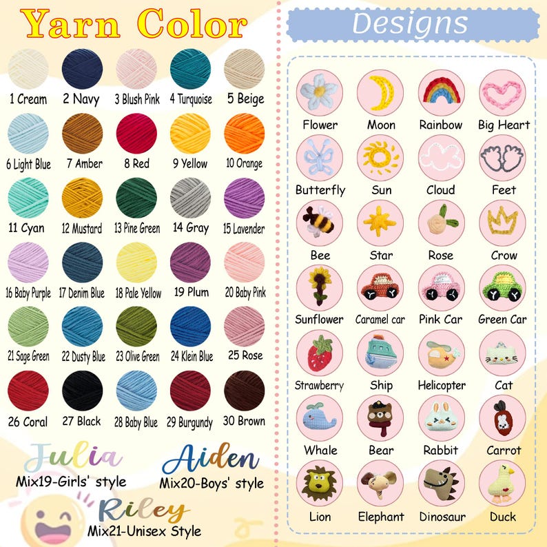 May include: A colour chart showing yarn shades and crochet design choices. Yarn colours include cream, navy, blush pink, turquoise, and beige. Designs feature flowers, rainbows, bees, cars, and animals. Text includes "Yarn Color" and "Designs".