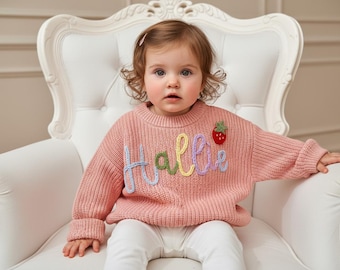 Suéter de bebé tejido a mano con nombre bordado personalizado, suéter de punto grueso, regalo único para baby shower, regalo de Navidad o cumpleaños.