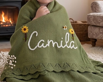 Custom Embroidered Baby Blanket, Personalized Cotton Knit Throw with Name, Newborn Keepsake Gift, Crib Blanket for Nursery