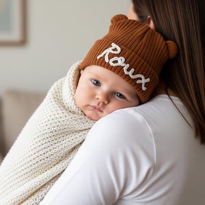 Personalized Knitted Baby Bear Hats, Newborn Coming Home Outfit, Soft Hospital Hat, Baby Shower Gift, Fluffy Bear Ear Design