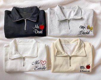 Custom Embroidered Teacher Sweatshirt | Personalized Apple Teacher Gift | Quarter Zip Pullover for Educators