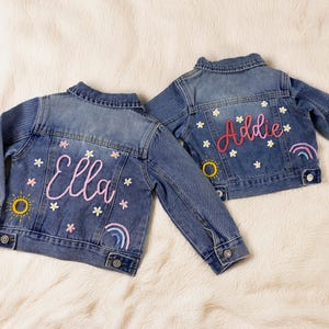 Kids Hand Embroidered Denim Jacket | Personalized Name Kids Jean Jacket | Flower Embroidered Denim | Custom Hand Embroidered Jean Jacket