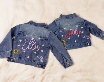 Kids Hand Embroidered Denim Jacket | Personalized Name Kids Jean Jacket | Flower Embroidered Denim | Custom Hand Embroidered Jean Jacket