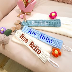 Personalized pacifier clip holder, Personalized fabric pacifier clip with wooden clip,hand embroiered name,baby shower gift