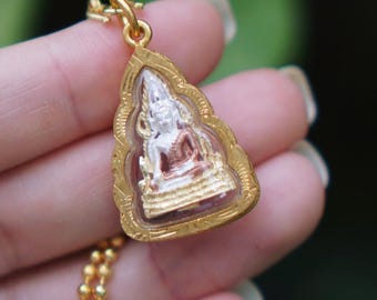 Gold Phra Chinnarat Buddha Anhänger Thai Amulett Halskette für Schutz Glück & Segen