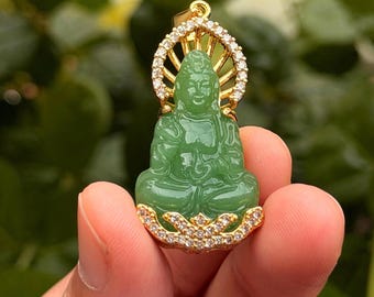 Rare Green Jade Guan Yin Pendant – Thai Buddhist Amulet Necklace for Protection, Luck & Compassion
