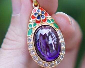 Purple Naga Eye Stone  Thai Amulet - Magic Silver Pendant, Rare Good Luck & Wealth Talisman