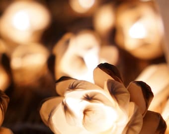 Handmade White Flower String Lights Made from Natural Corn Husk, Eco-Friendly Wedding & Home Decor