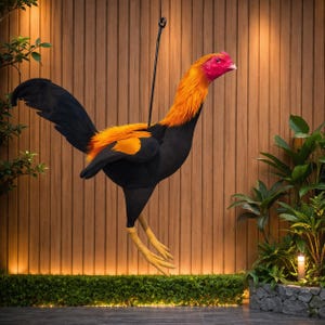 May include: A hanging sculpture of a rooster featuring a vibrant red head, bright orange neck feathers, and a solid black body with orange wing accents. The bird is suspended by a thin black rod and has long, light tan legs and feet dangling below.
