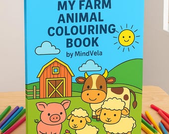 May include: A children's coloring book titled "MY FARM ANIMAL COLOURING BOOK" by MindVela. The cover features cartoon illustrations of farm animals, including a pig, sheep, cow, and chick, set against a blue sky with a sun and a barn.