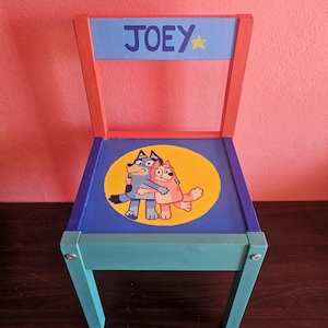 Handpainted, personalised children&#39;s wooden chair. Any name and character with a choice of up to 5 colours. 100% customised. Made to order.