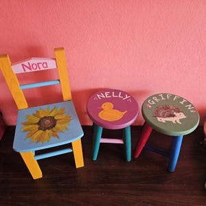 Handpainted, personalised children&#39;s wooden chairs and stools. 100% customised. Choose any name, character and colours. Anything is possible