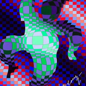 May include: Abstract artwork featuring a distorted, checkered pattern in vibrant colors. The design incorporates green, purple, red, and blue squares, creating a sense of depth and movement. A signature is visible in the lower right corner.