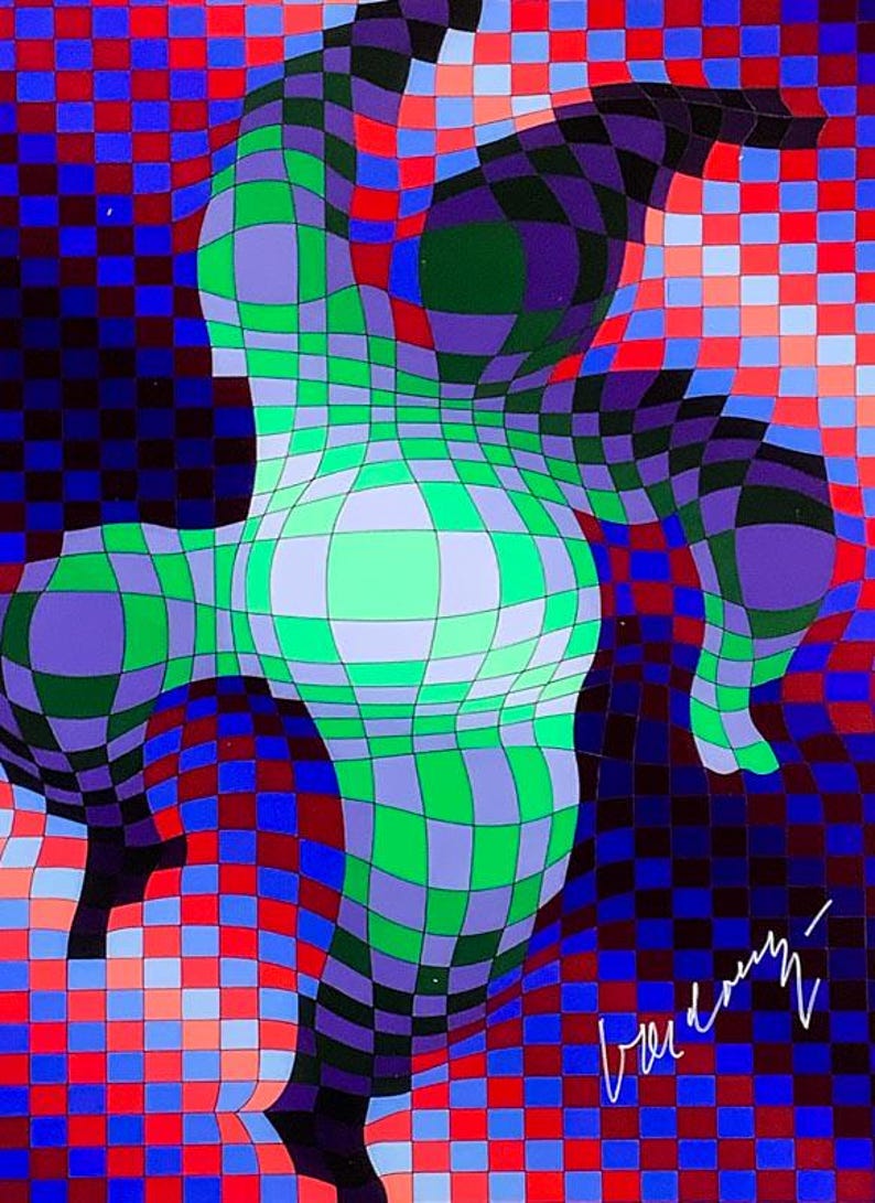 May include: Abstract artwork featuring a distorted, checkered pattern in vibrant colors. The design incorporates green, purple, red, and blue squares, creating a sense of depth and movement. A signature is visible in the lower right corner.