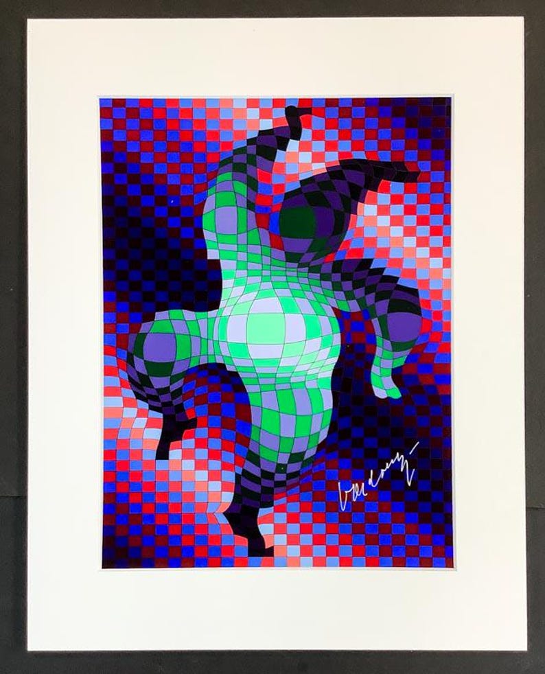 May include: Abstract art print featuring a geometric figure in shades of green, purple, and black, set against a checkered background of red, blue, and black. The artwork is framed in white and signed in the lower right corner.