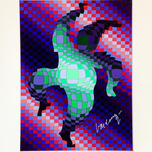 May include: Abstract art print featuring a distorted, geometric figure in shades of green, purple, and black against a checkered background of red, blue, and black squares. The artwork is signed in white.