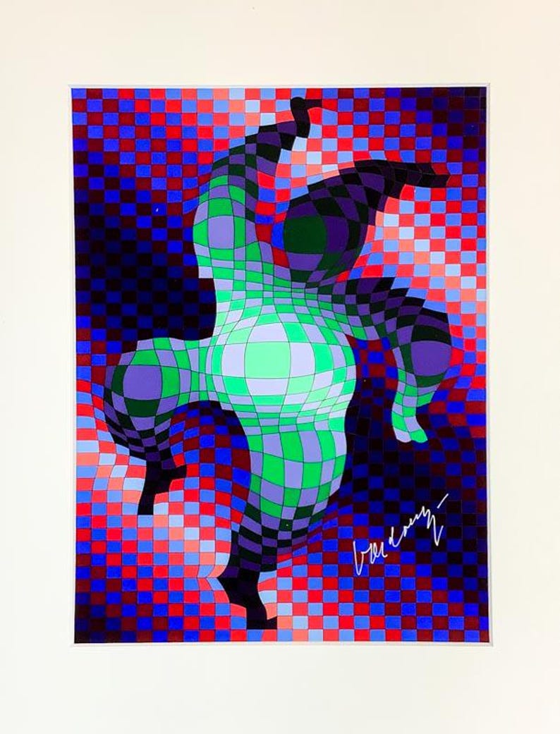 May include: Abstract art print featuring a distorted, geometric figure in shades of green, purple, and black against a checkered background of red, blue, and black squares. The artwork is signed in white.