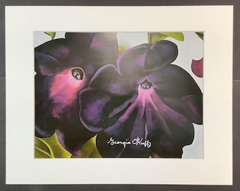 Black and Purple Petunias – Georgia O'Keeffe – Hand Signed - Frame Ready Art (14x11 Inch Mat)
