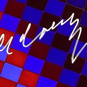 May include: Abstract design featuring a checkered pattern in red, blue, and dark blue. White cursive text is overlaid on the pattern. The image has a vibrant, colorful aesthetic.