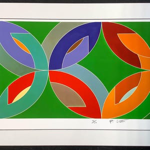 May include: A rectangular print featuring a vibrant green background with overlapping geometric shapes in shades of purple, blue, red, orange, teal, and beige. The artwork includes a white border, a handwritten signature, and the edition number 75/150.