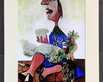 Kvinna med tupp - Pablo Picasso – Handsignerad, färdig att rama in (25 x 30 cm passepartout)