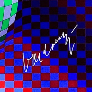 May include: Abstract artwork with a checkered pattern in shades of blue, red, and black, with a green and purple section in the upper left. White cursive text is overlaid on the design.