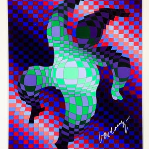 May include: Abstract art print featuring a figure composed of green, purple, and black checkered patterns against a red and blue checkered background. The artwork has a signature in the bottom right corner.