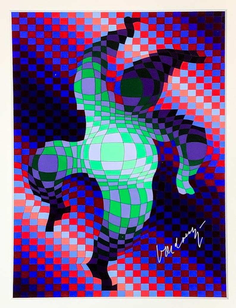 May include: Abstract art print featuring a figure composed of green, purple, and black checkered patterns against a red and blue checkered background. The artwork has a signature in the bottom right corner.