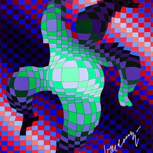 May include: Abstract artwork featuring a figure composed of green, purple, and white checkered patterns against a red, blue, and black checkered background. The artwork has a signature in the bottom right corner.