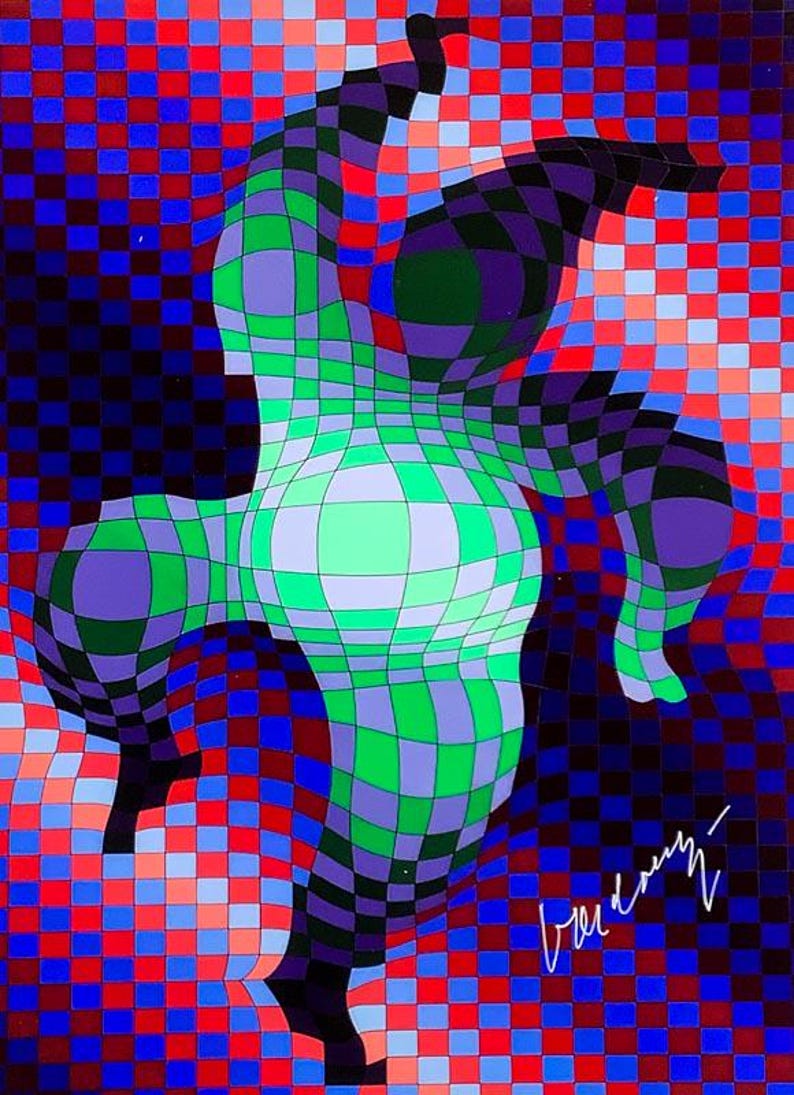 May include: Abstract artwork featuring a figure composed of green, purple, and white checkered patterns against a red, blue, and black checkered background. The artwork has a signature in the bottom right corner.