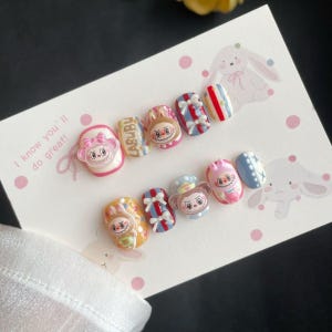 Kawaii 3D Cartoon Press On Nails – Handmade Cute Bunny & Bear Nail Art – Colorful Pop Style Reusable Nail Set – Cosplay or Gift