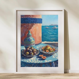 Moroccan Still Life Oil Painting, Coastal Kitchen Wall Art, Blue Pottery with Figs Print, Mediterranean Summer Decor,Digital Download Poster