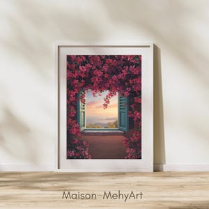 Könnte beinhalten: Gerahmter Kunstdruck mit einem offenen Fenster mit türkisfarbenen Fensterläden, umgeben von leuchtend rosa Bougainvillea. Das Fenster zeigt einen Sonnenuntergang über einem Gebirge. Der Text "Maison MehyArt" befindet sich unten.