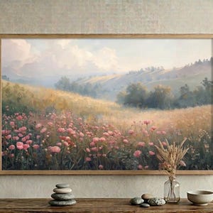Mediterranean Wildflower Meadow Wall Art - Pastel Landscape Print - Impressionist Floral Field Decor - Large Digital Download
